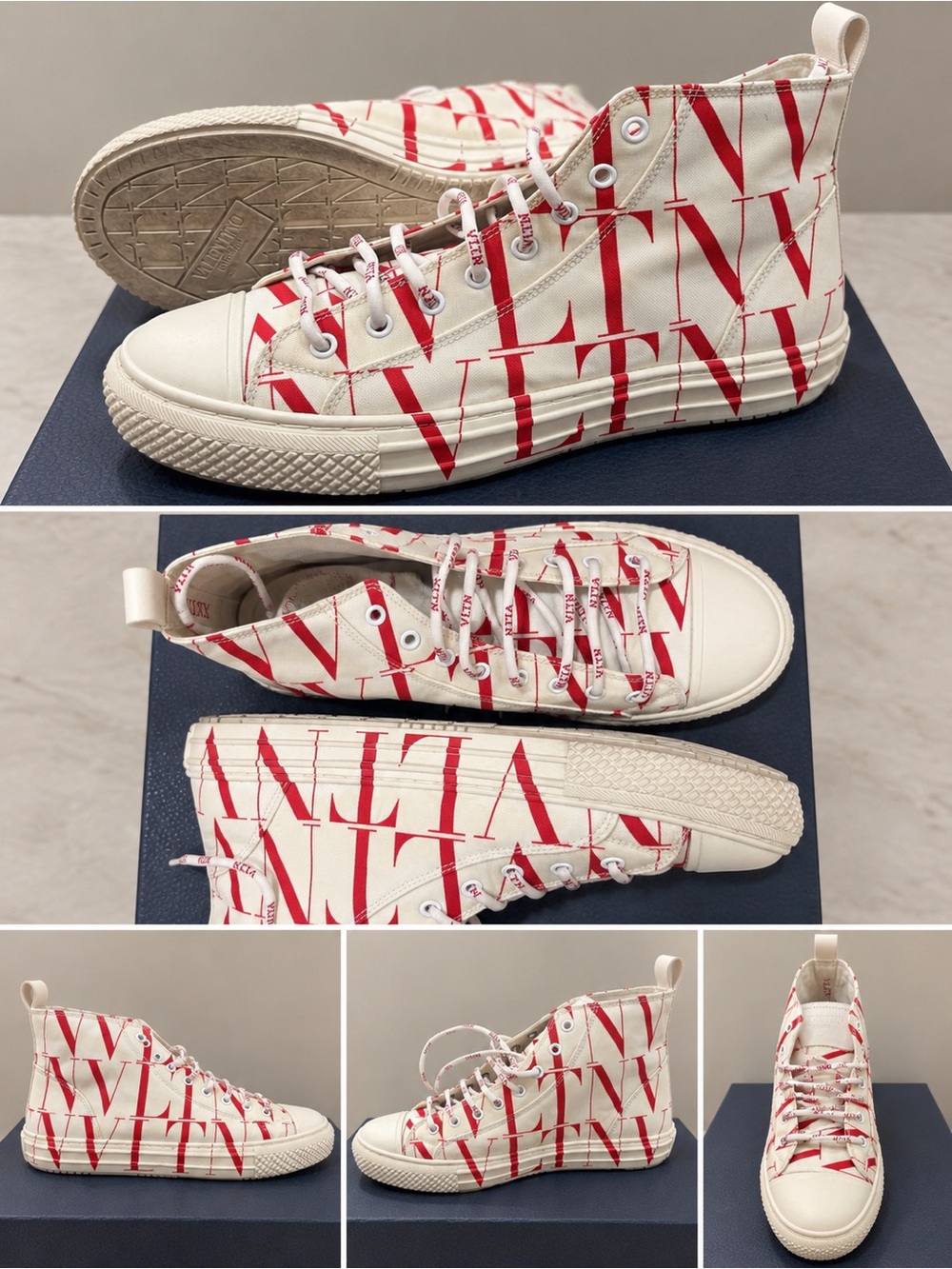 Valentino Cream High-Top Sneakers with Red Logo Print